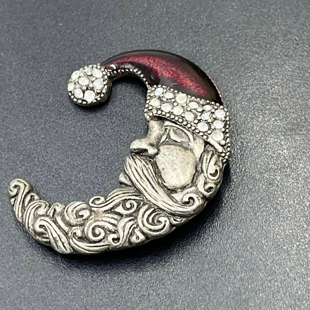 Vintage Silver Tone Pewter Jeweled Crescent Moon Santa Claus Christmas 
Brooch‎